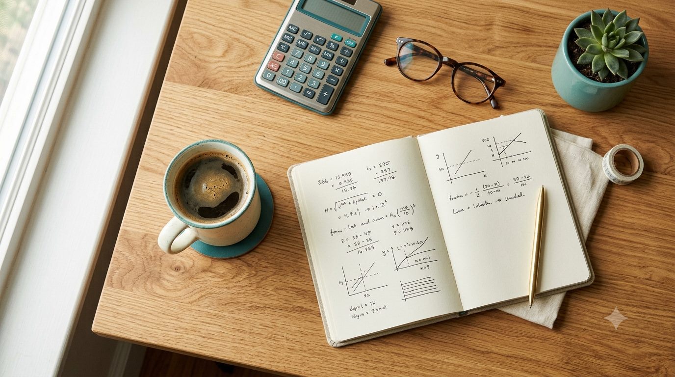Bureau met rekenmachine, notitieboek en koffie