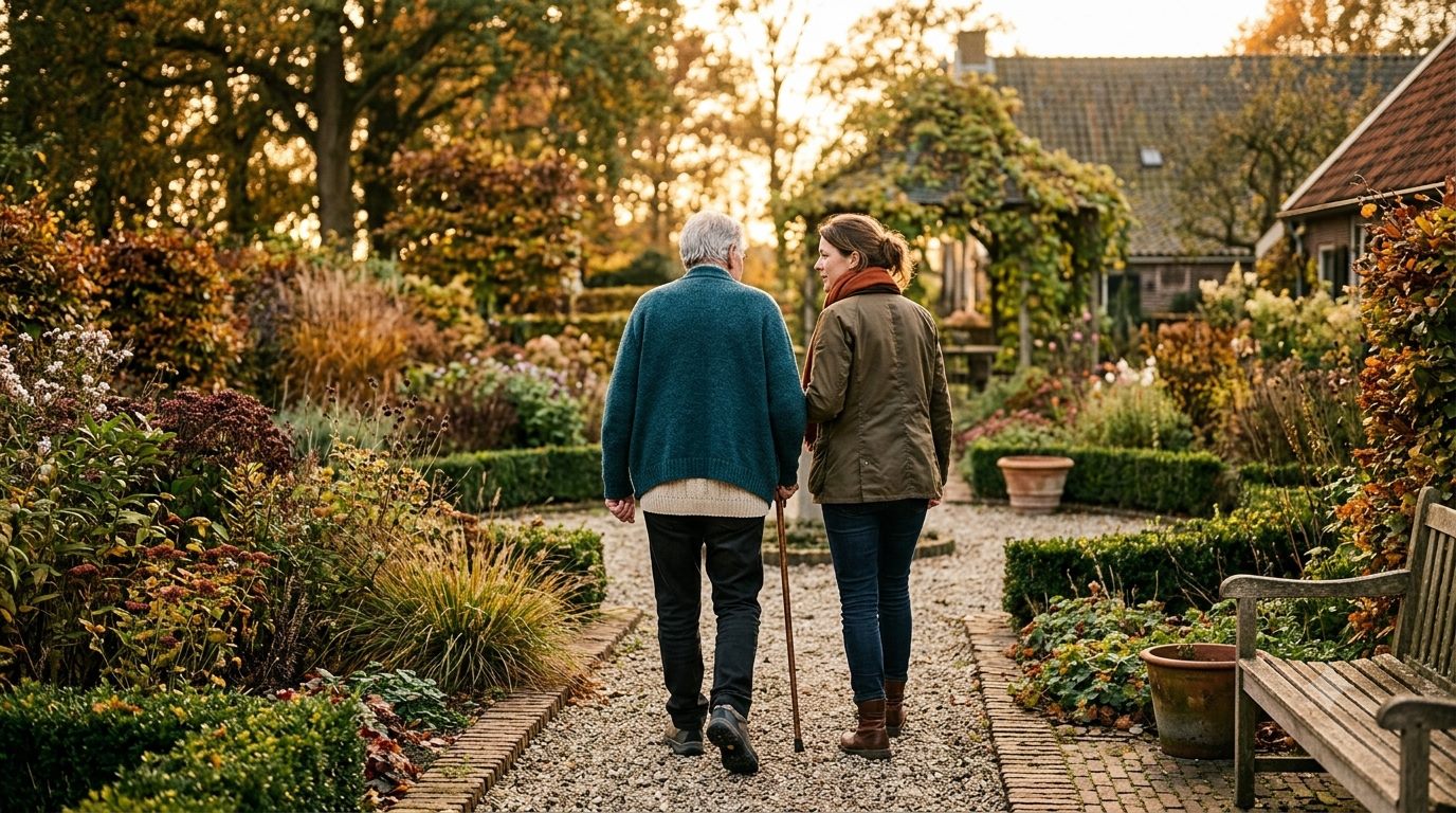 Grootouder en volwassen kind wandelen samen in de tuin