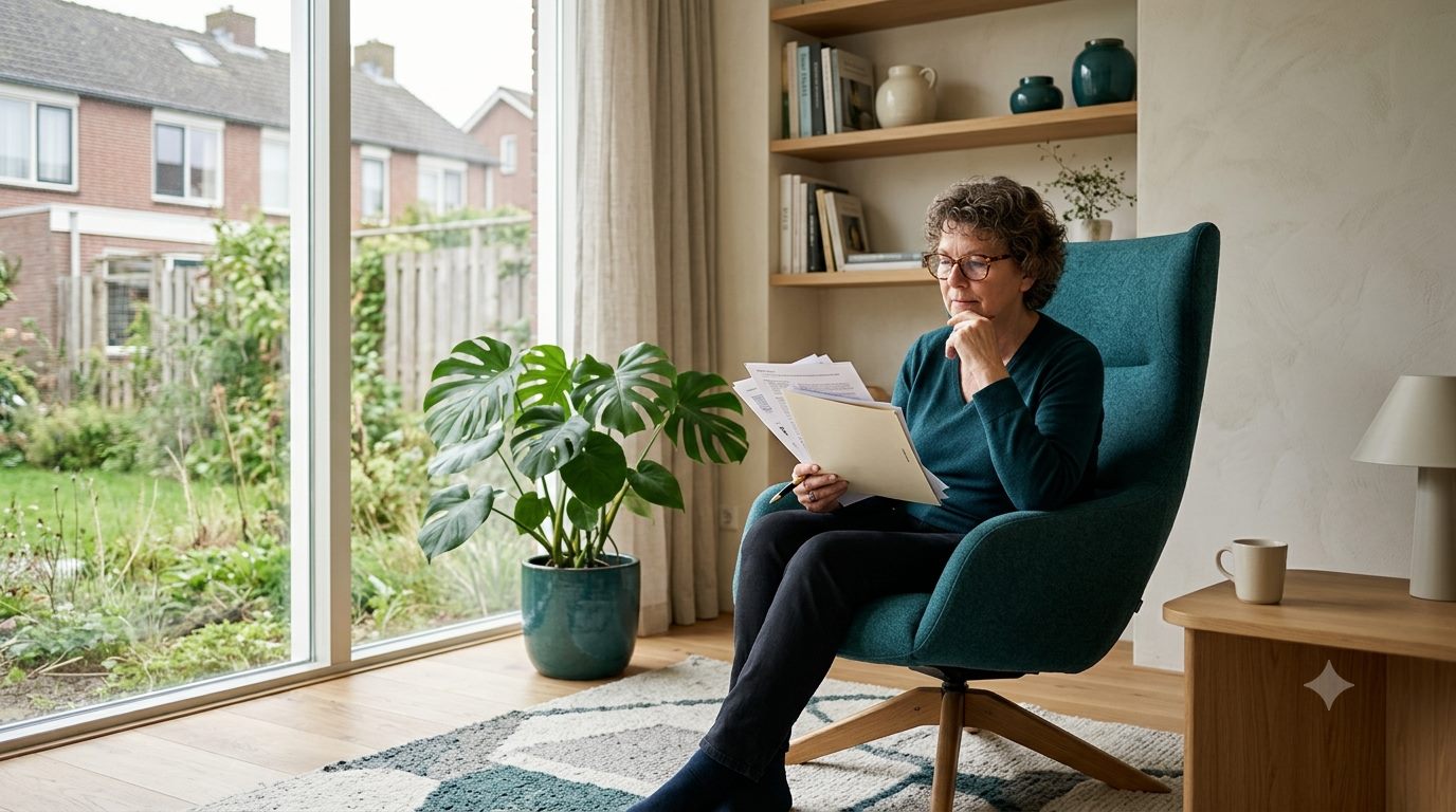Persoon leest documenten in een stoel bij het raam