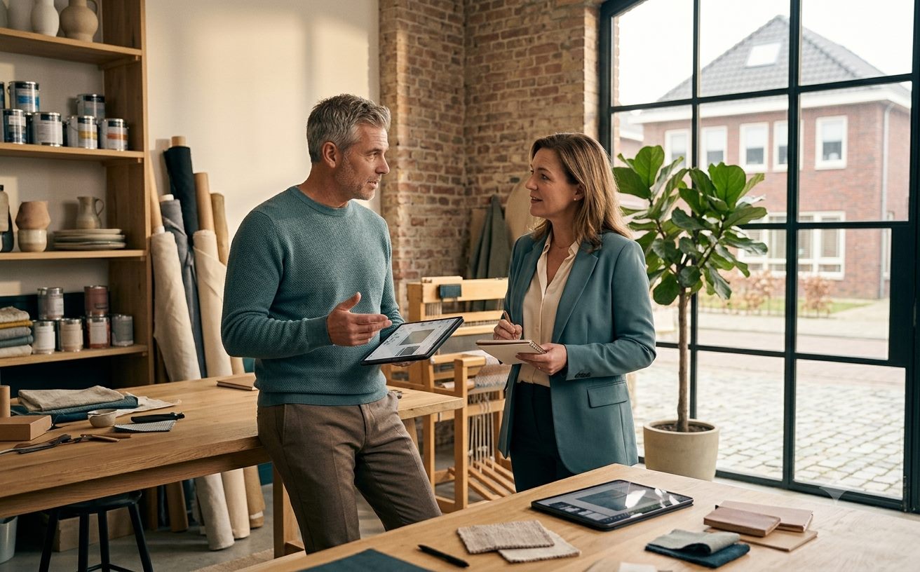 Ondernemer in gesprek met een adviseur in een werkruimte