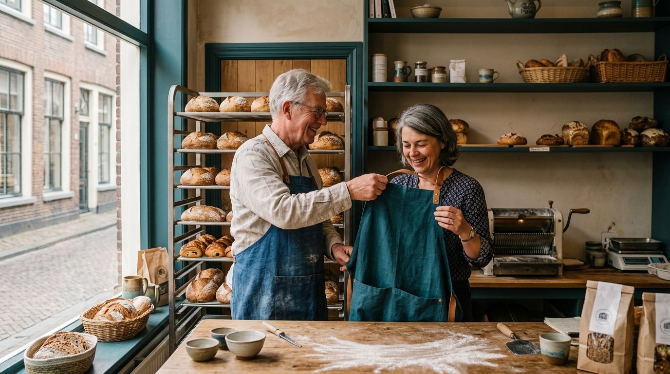 Twee generaties van een bakkersfamilie in de bakkerij