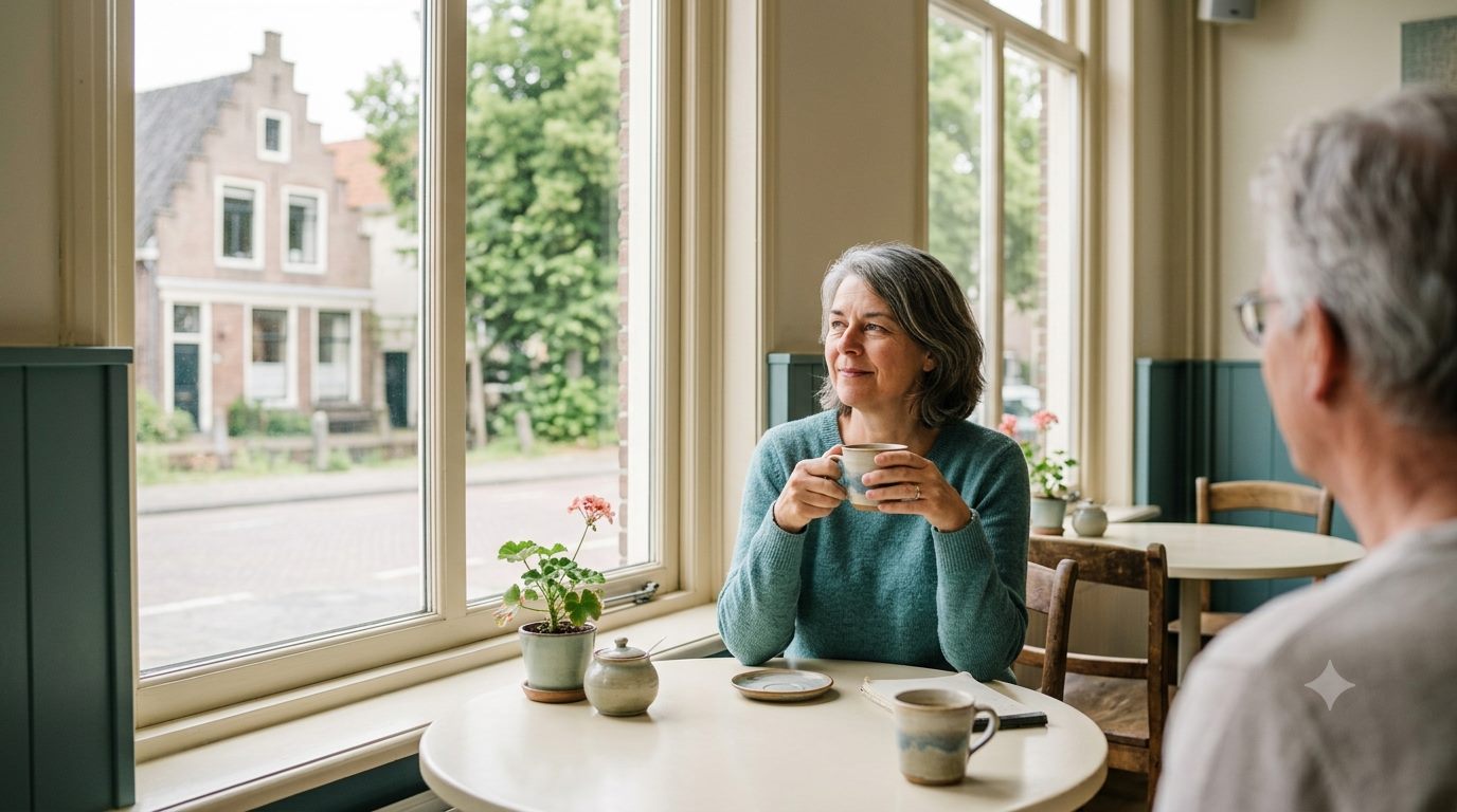 Vrouw in rustig gesprek aan een lichte tafel bij het raam