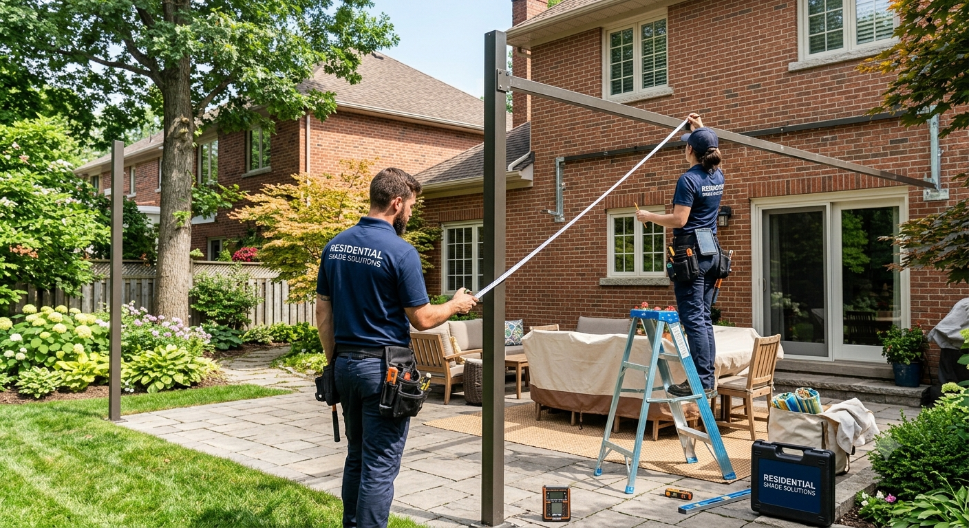 Monteurs van HitLit meten een pergola-frame in bij een woning
